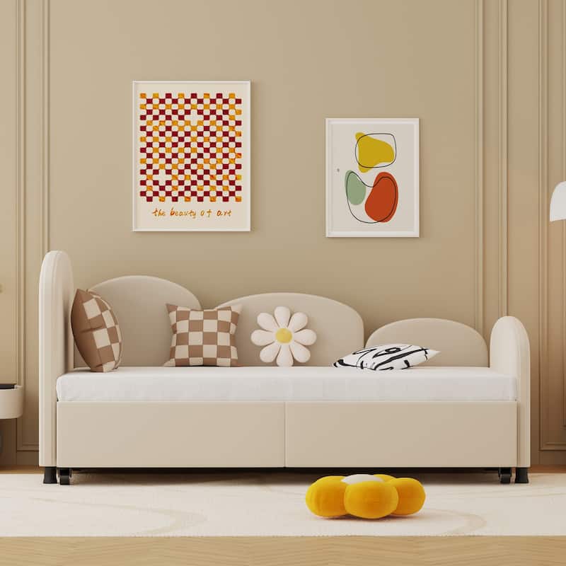 Twin Size Velvet Upholstered Daybed, Platform Bed Frame with Flower Design, Trundle Ideal for Bedroom and Guest Room