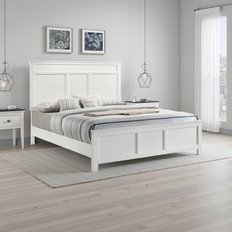 Aver Queen Size Bed, Transitional Carved Panel Design, White Wood Finish