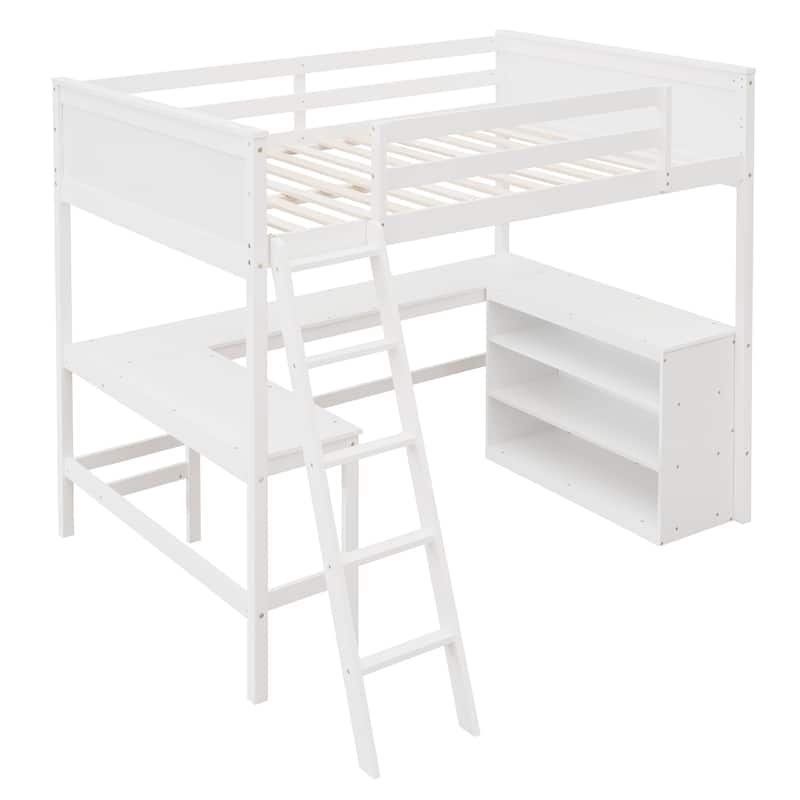Full Size Loft Bed with Desk and Bookshelves, Wooden Frame, Perfect for Kids, Teens, or Guest Rooms, Space-Saving