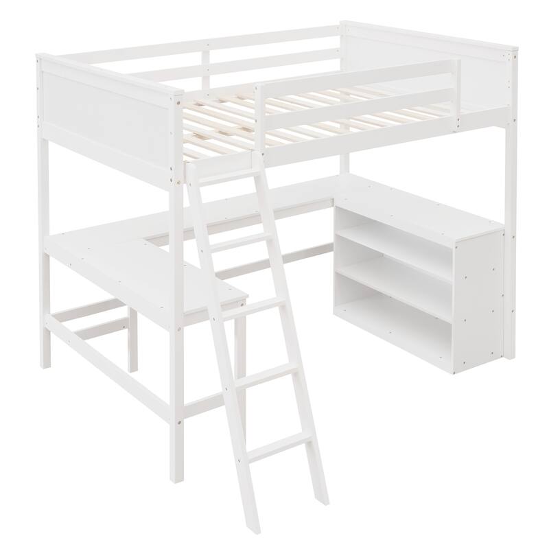 Full Size Wooden Loft Bed with Shelves and Desk in White