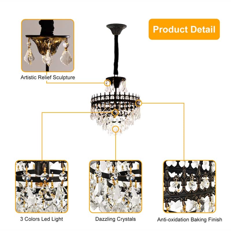 30/60CM Round Crystal Light Fixture with 3 Color Black Gold Crown Design Chandelier for Entryway, Living Room, Bedroom