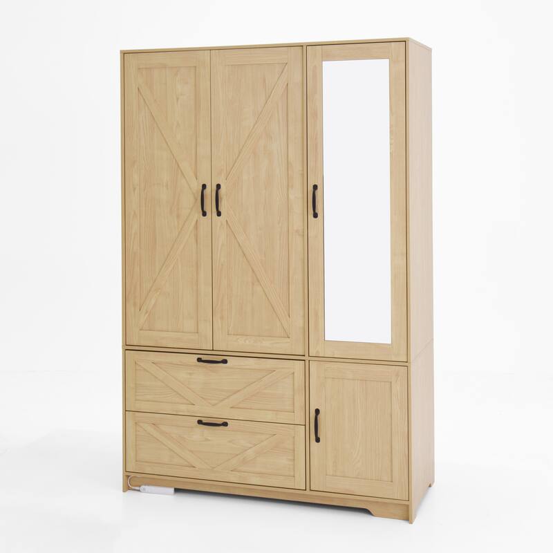 4 Doors Wardrobe Closet with Mirror, LED Wardrobe with Doors and 2 Drawers, Wooden Wardrobe Storage Cabinet with Hanging Rod
