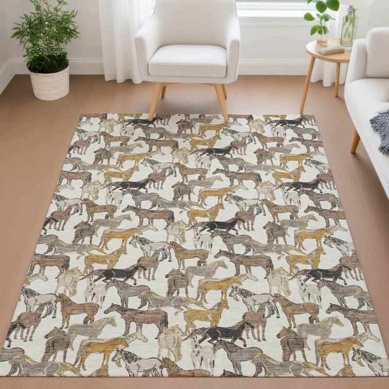 Machine Washable Indoor/ Outdoor Horse Herd Chantille Rug