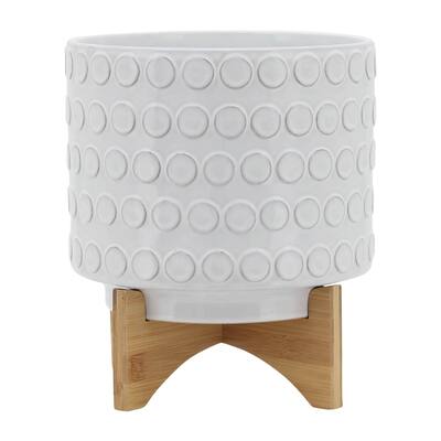 Ceramic 10" Planter On Wooden Stand, Ivory 12.0"H - 10.0" x 10.0" x 12.0"