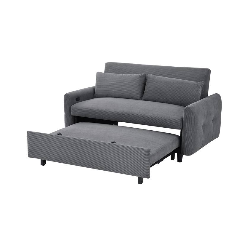 Corduroy Fabric Convertible Sofa Bed, Sleeper Sofa with Throw Pillows and USB Ports, 2 Seat Loveseat with Adjustable Backrest