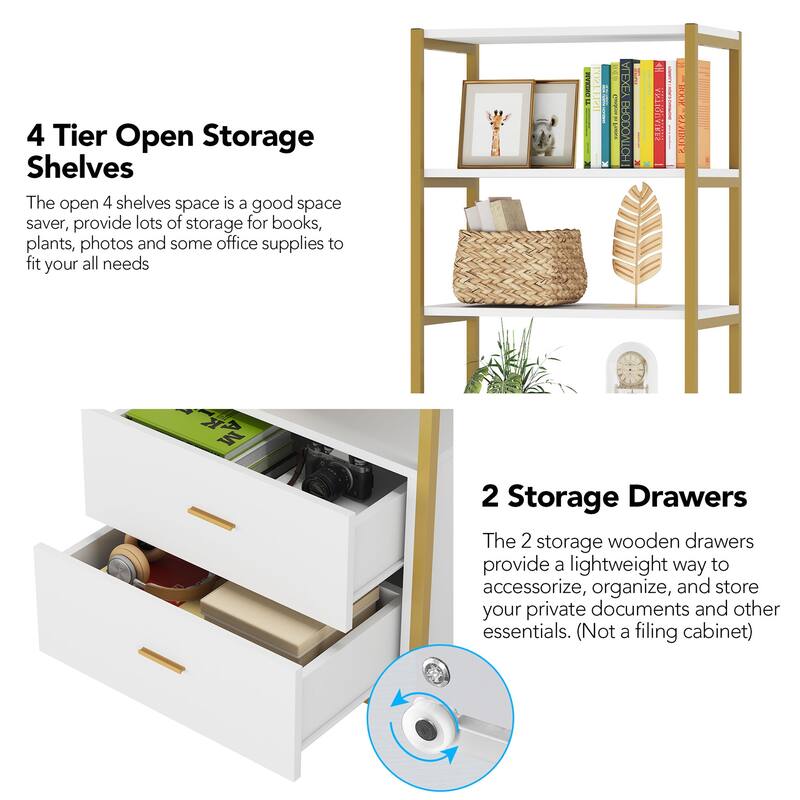 4-Tier Rustic Bookcases with 2 Drawers, Etagere Standard Book Shelves Display Shelf for Home Office