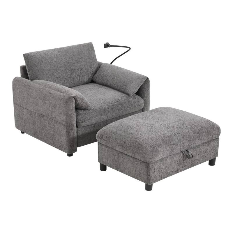 38" Chenille Single Sofa with Storage Ottoman, USB Charger, Side Storage Pockets, Pillow-like Armrests