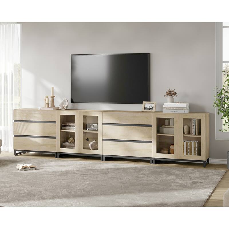 4 in 1 TV Stand for 120" TVs, Console with Glass Doors & 6 Drawers, Entertainment Center - 126 inches - Beige