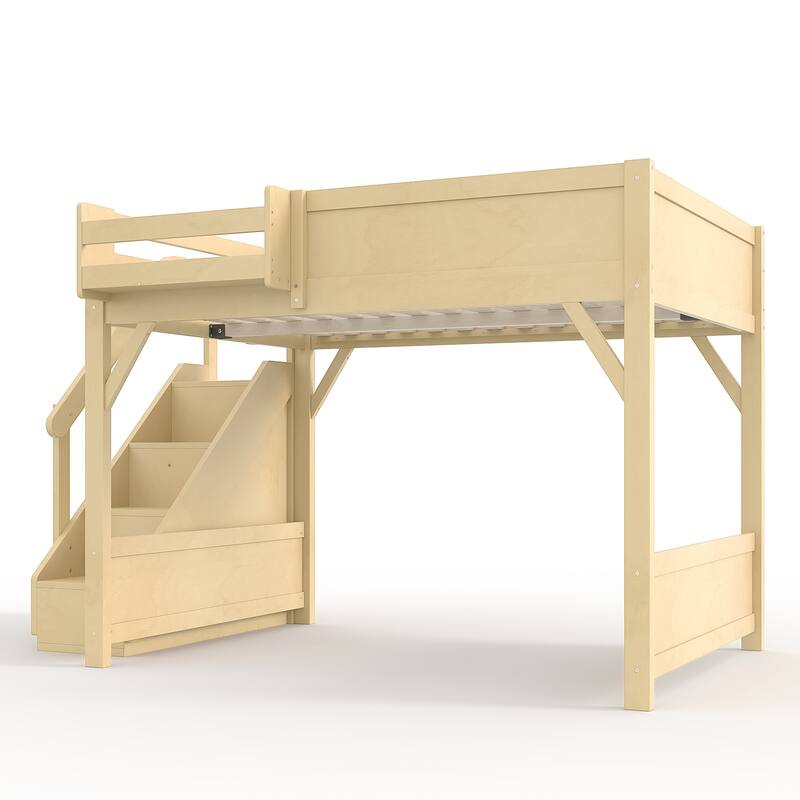 Full/Twin Loft Bed with Built-in Wardrobe, Storage & Stairs - Solid Wood, Full-Length Guardrails, No Box Spring