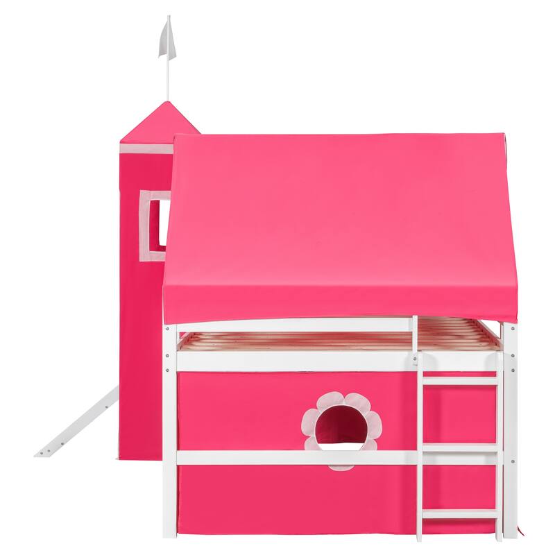 Roomfitters Full Size Loft Bed with Slide, Pink Tent and Tower Playhouse Design