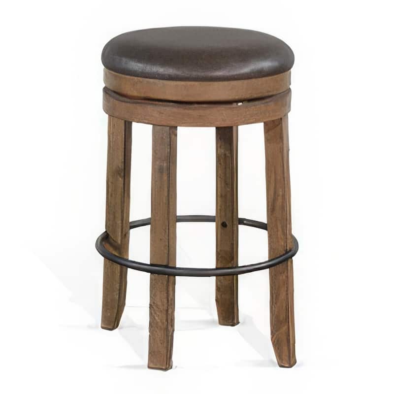 Yael Swivel Backless Barstool Set of 2, Gray Faux Leather, Brown Wood