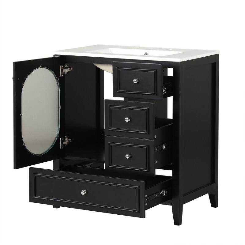 30" Stylish Bathroom Vanity with Sink, Bathroom Storage Cabinet with 3 Drawers, Solid Wood Frame and Glass Door