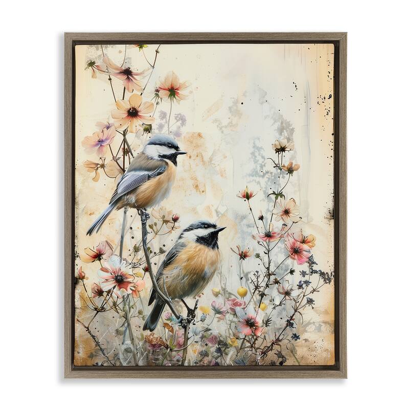Stupell Sparrows Perched on Florals Framed Floater Canvas Wall Art Design By Arlington Prints - 17 x 21 - Brown