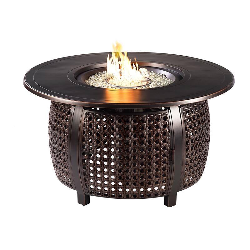 Outdoor Aluminum 44 in. Round Fire Table Set with Four Deep Seating Swivel Rocking Chairs & Accessories