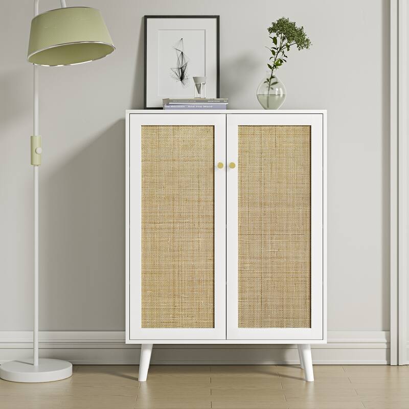 Anmytek Modern 2-Door Rattan Buffet Sideboard Kitchen Storage Cabinet for Living Room
