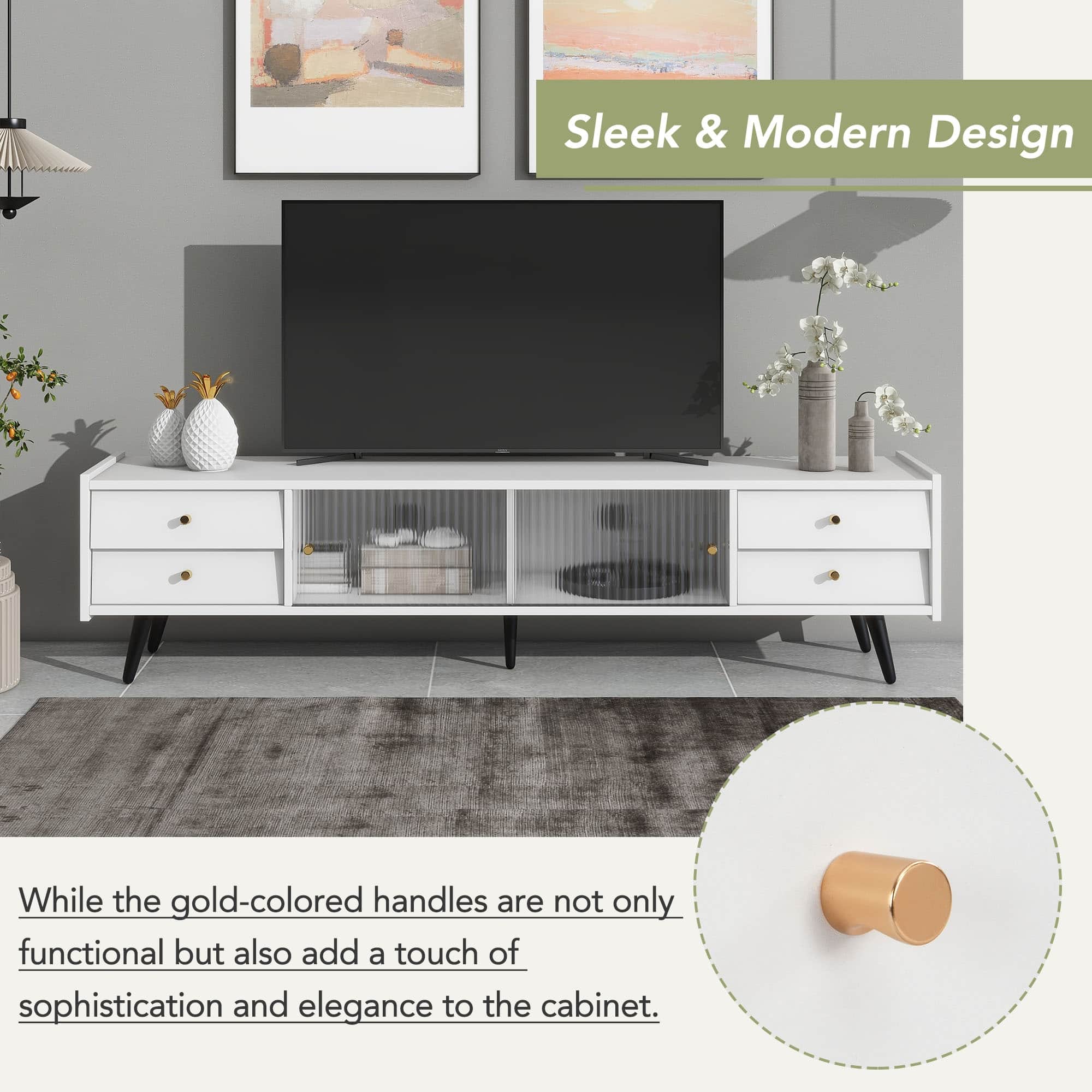 TV Stand for TVs Up to 70 Inches, Sliding Fluted Glass Doors, Slanted