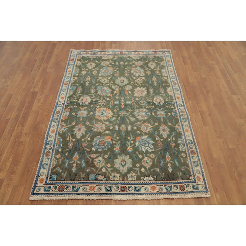 Hand Knotted Oriental 100% Wool Carpet Traditional Floral Green Tabriz Area Rug - 6' 6'' X 4' 4''