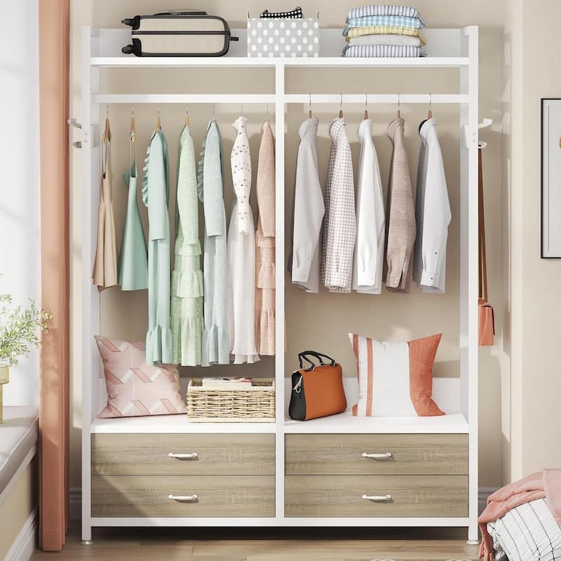 Freestanding Open Wardrobe Closet, Heavy Duty Garment Rack Closet Organizer, Rustic Brown