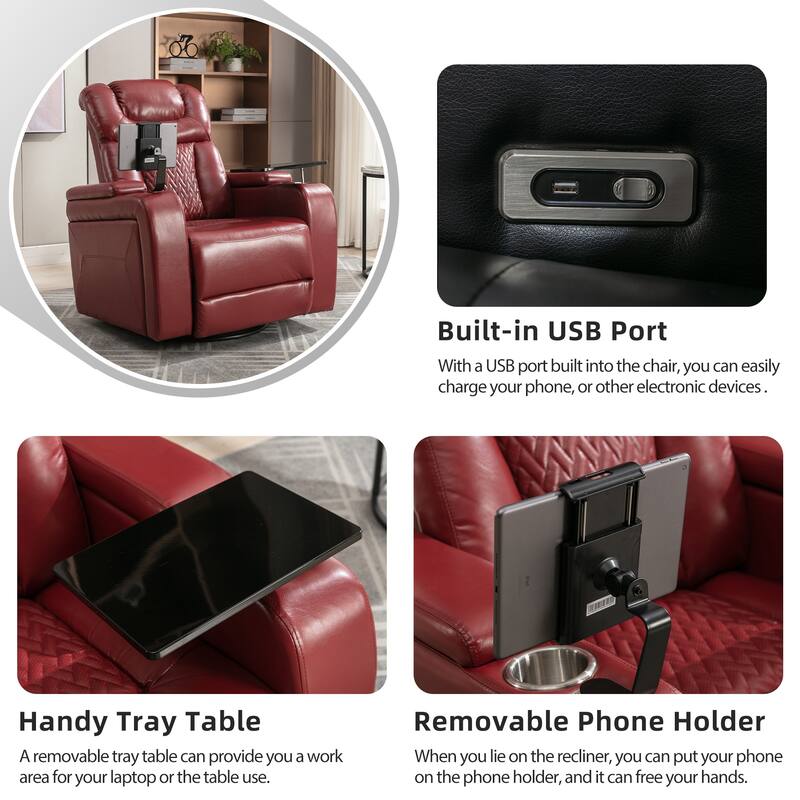 Power Recliner Chair with 270° Swivel, Rocking Function, Tray Table, USB Port, Cup Holders and Phone Holder