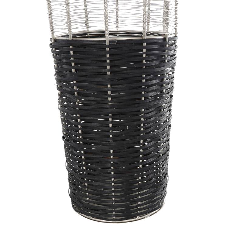 Silver Metal Tall Vase with Woven Black Rattan Base