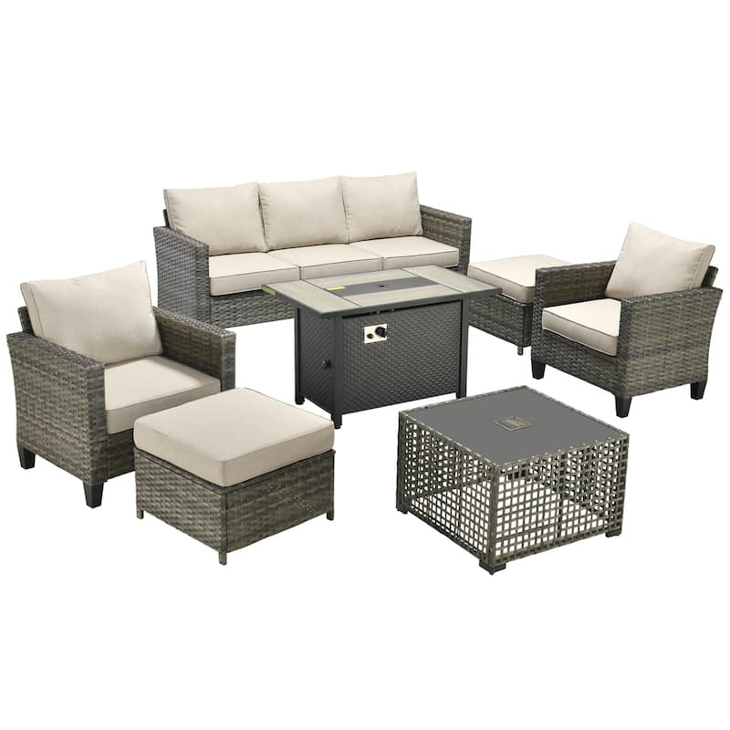 OVIOS 7 Pieces Patio Furniture Set with Solar-Powered Table & Fire Pit