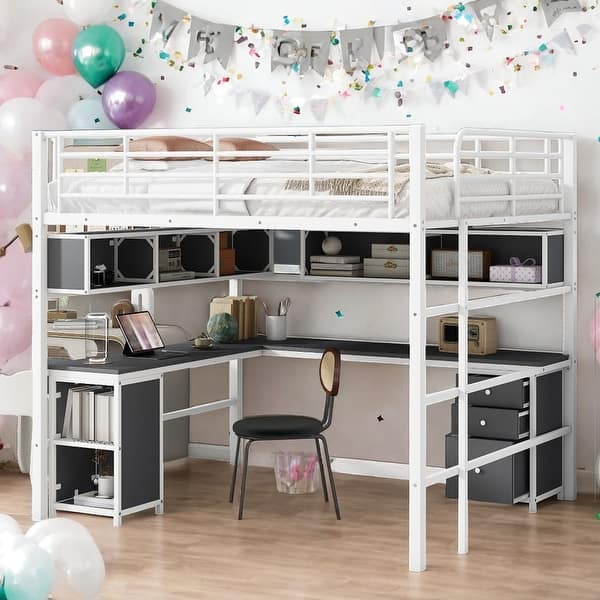 slide 2 of 32, Elegant Metal Full Loft Bed with Bookcase, Desk and Cabinet, White White