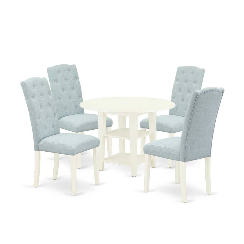 HomeStock 5-Pc Linen White Finish Solid Wood Top - Round Dining Room Set with Dropleaf - Seats 4