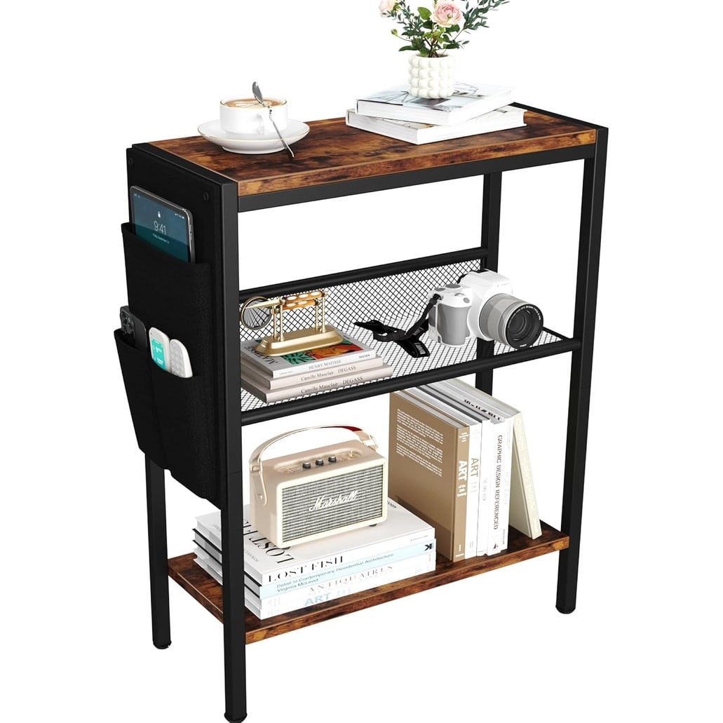 Slim 3-Tier Side Table with Storage for Small Spaces, Adjustable Metal Mesh Snack Table, Rustic Brown