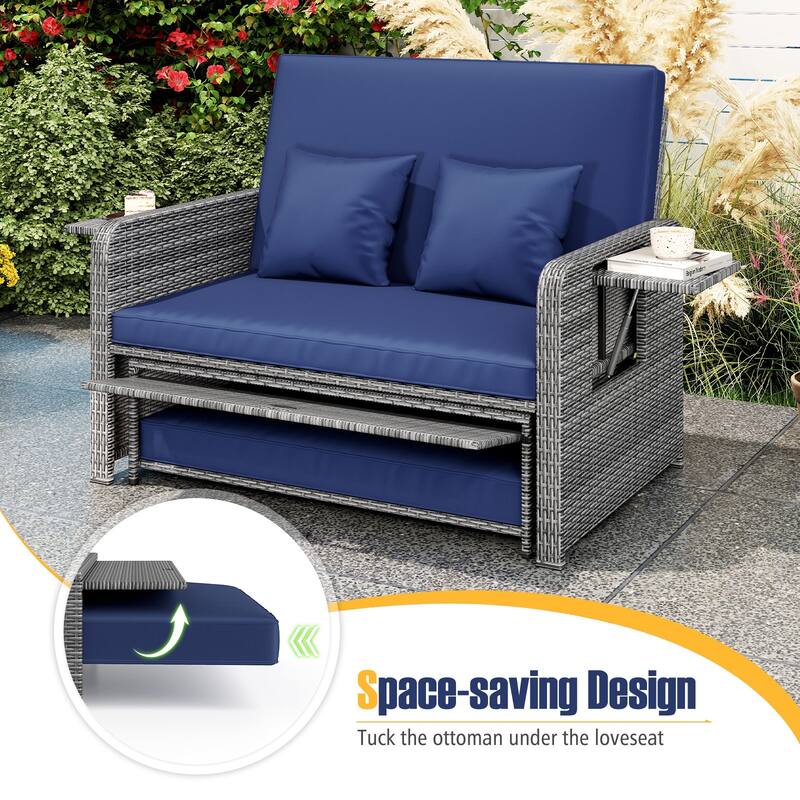 Gymax Rattan Daybed Wicker Loveseat Sofa Set w/ Ottoman & Retractable