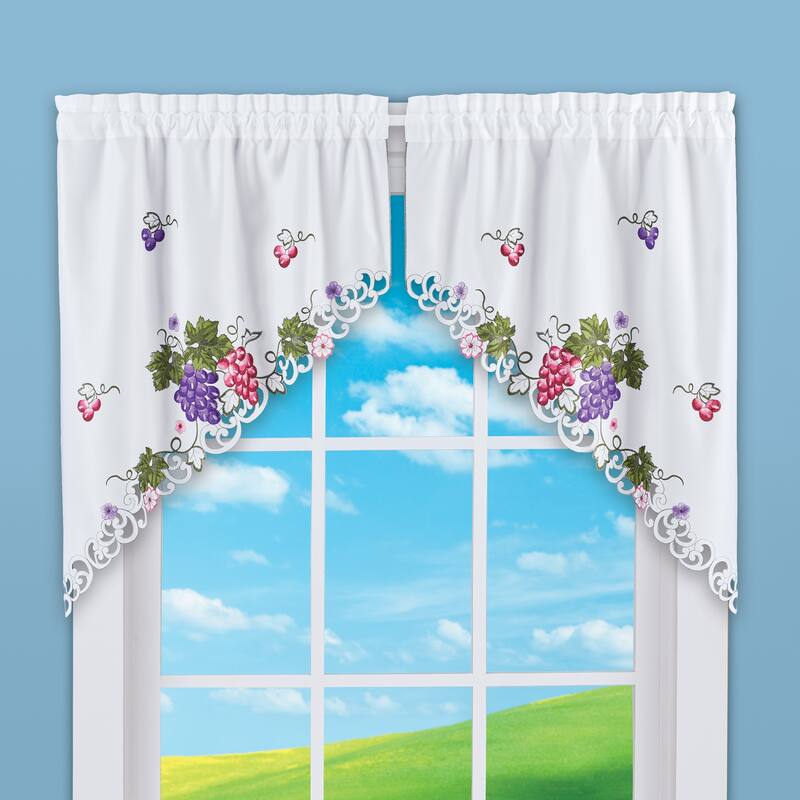 Charming Embroidered Vineyard Vine Kitchen Curtains - Swags