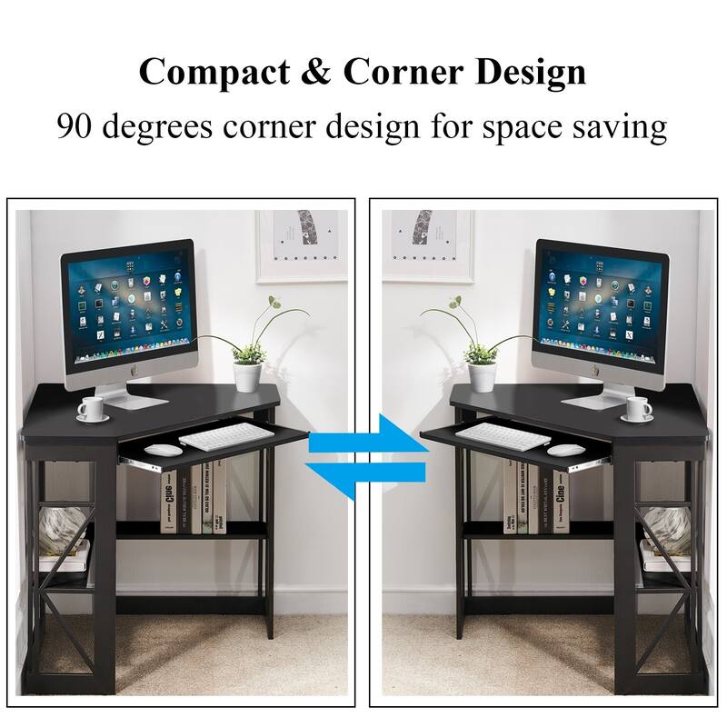 VECELO Triangular Corner Desk with Keyboard Tray Space Saving Metal Computer Desk for Home Office Study Bedroom