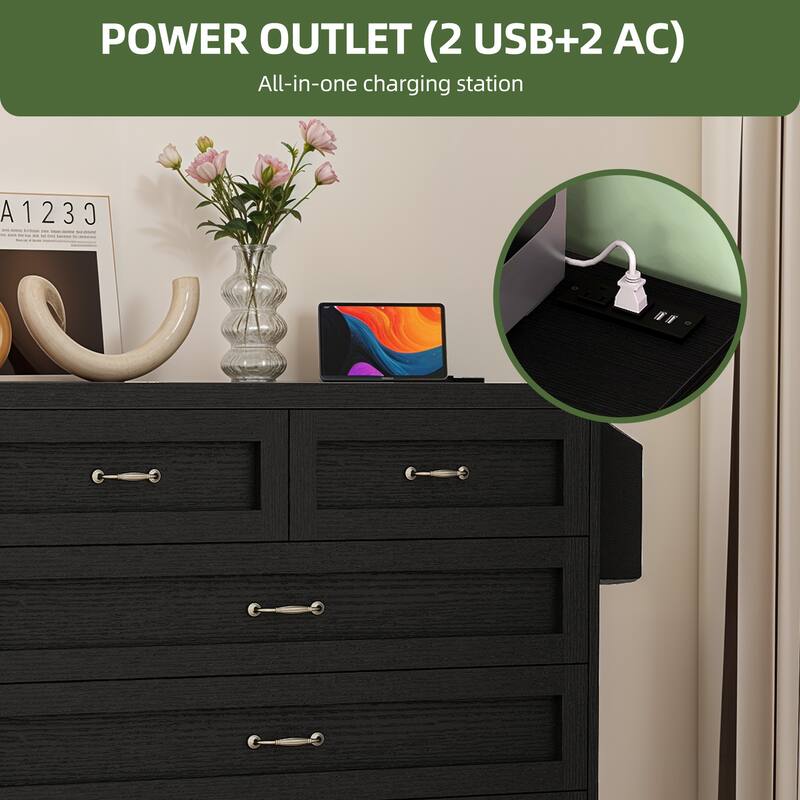 Vintage Double Dresser Chest of Drawers with Charging Station and Side Organizer Bag