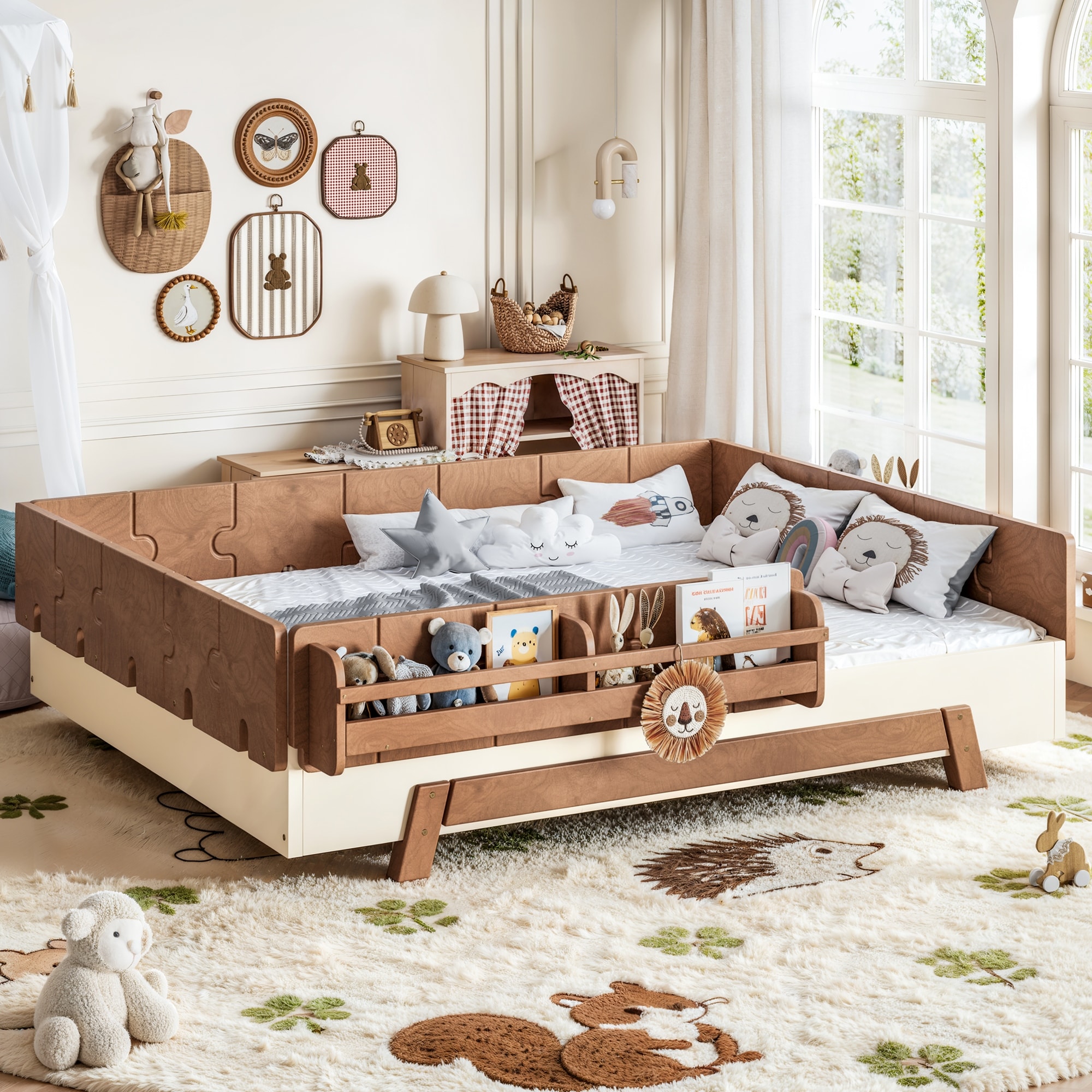 Solid Wood Montessori Twin/Full Floor Bed Building Block Bookshelf Guardrail