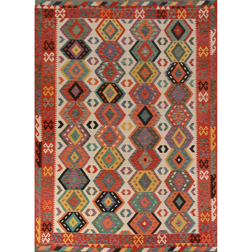 Geometric Kilim Oriental Area Rug Hand-Woven Reversible Wool Carpet - 8'8"x 11'2"