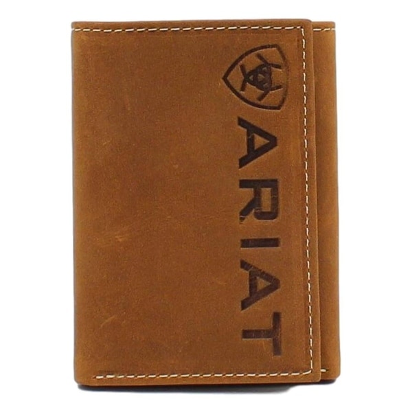 Shop Ariat Western Wallet Mens Trifold Vertical Logo Medium Brown - Medium Brown - 3 x 4 1/4 ...