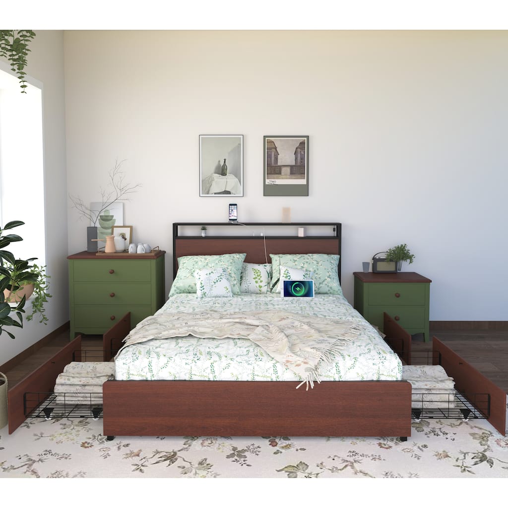 Queen Storage Bed Frame with LED Lights, USB Charging & 4 Drawers, Easy Assembly, Noise-Free