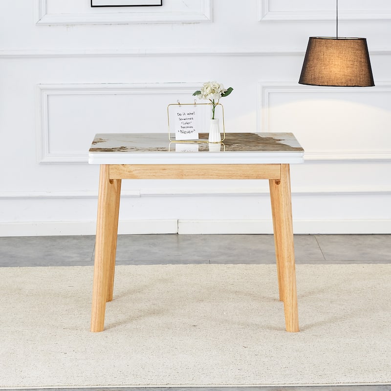 Imitation marble white sintered stone tabletop with rubber wooden legs, foldable computer desk