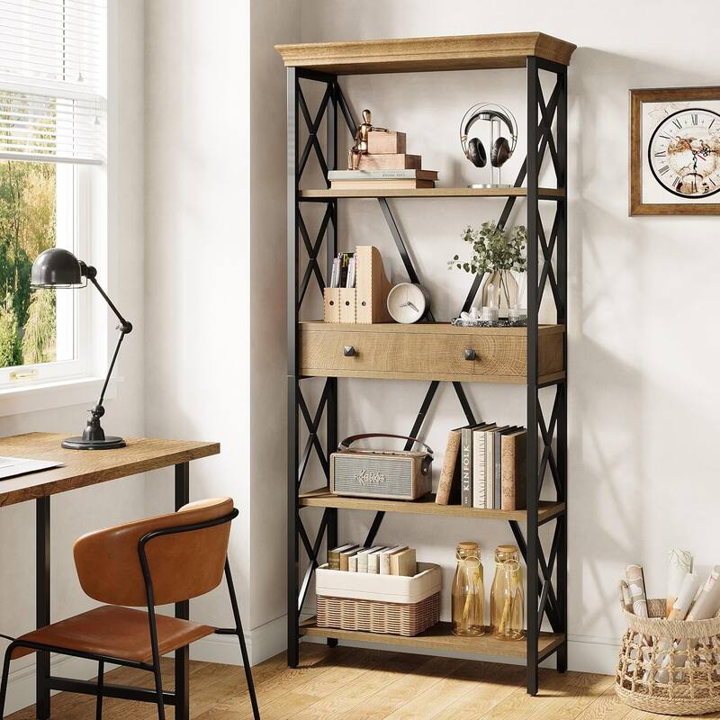 70.9" Wood Bookshelf with Drawers, Open Storage Shelf Bookcase, Living Room Office Bedroom Display Accent Shelf - Black+Brown