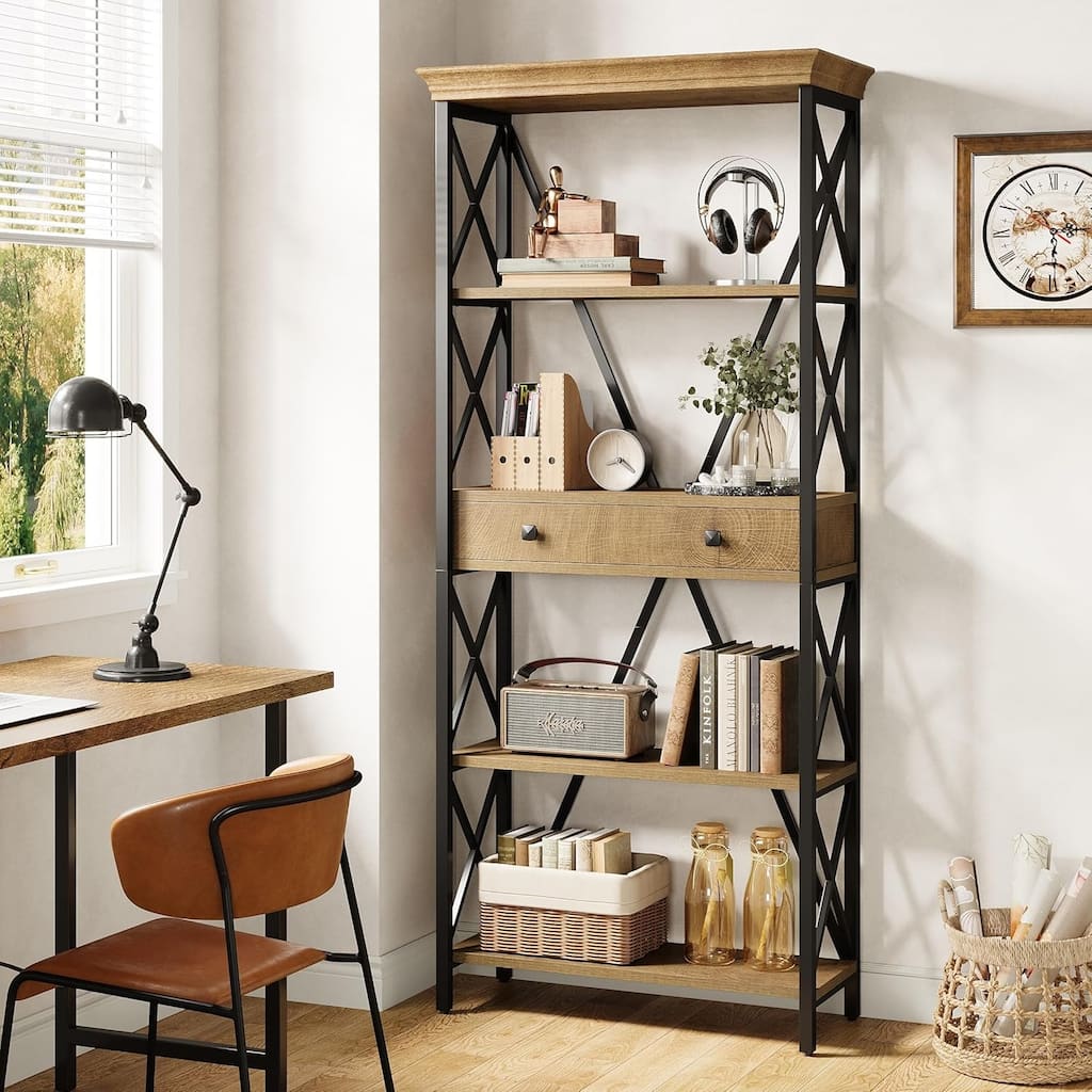 70.9" Wood Bookshelf with Drawers, Open Storage Shelf Bookcase, Living Room Office Bedroom Display Accent Shelf