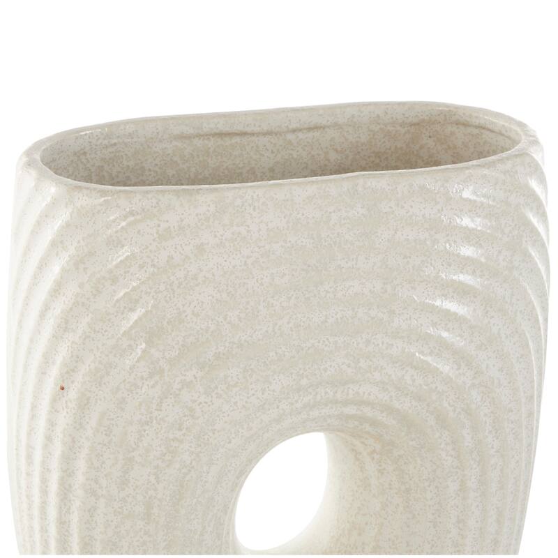 White Ceramic Ribbed Cutout Abstract Decorative Vase with Speckled Texturing