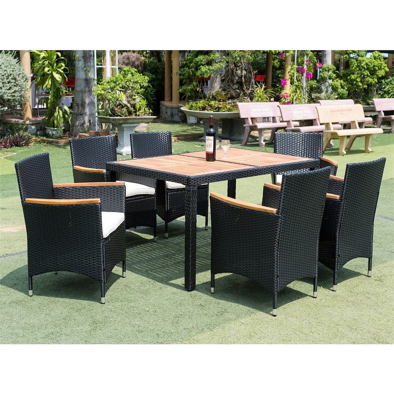 Outdoor Garden Black Wicker Dining Set with Acacia Wood Top, Cushions - 7-Piece