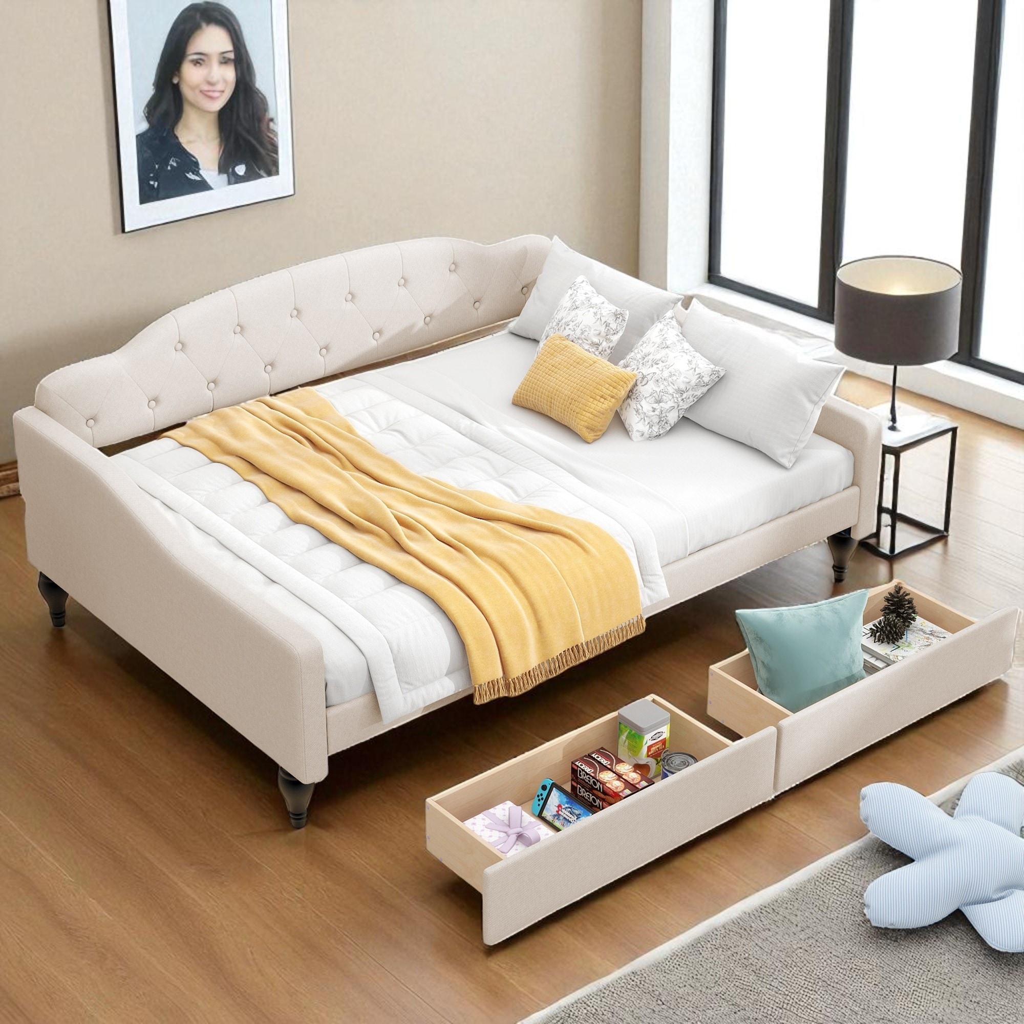 Full Size Upholstered Tufted Daybed with Wingback Design and 2 Storage Drawers, Linen Fabric Frame