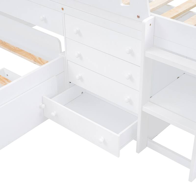 Space-Saving Twin Loft and Platform Bed with 7 Drawers and Full Guardrails in White
