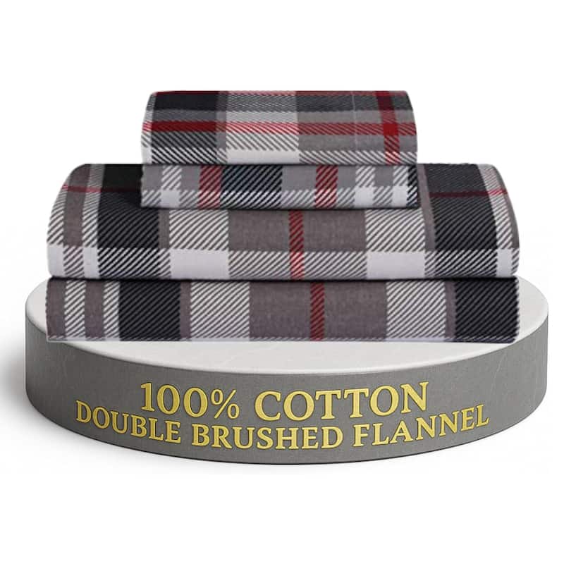 Feather & Stitch Cotton Flannel Sheets Set 4 Piece Bed Sheets Heavy Weight Bedding - Twin - Red Plaid