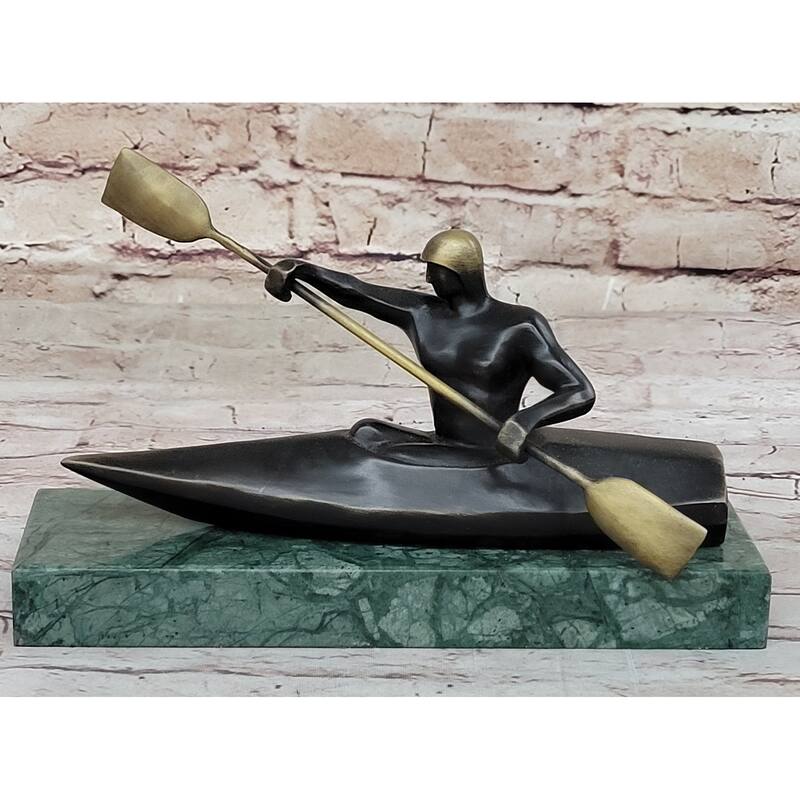 Hot Cast Canoeing Trophy Bronze Sculpture By Mario Nick Green Marble Base Figure