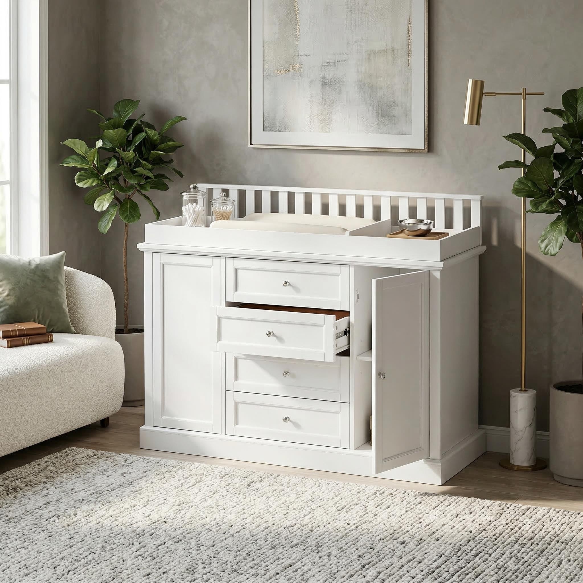 Modern Dresser Table Dresser with 4 Drawers and Cabinets Nursery Changing Station with Safety Guard Rail and Large Storage