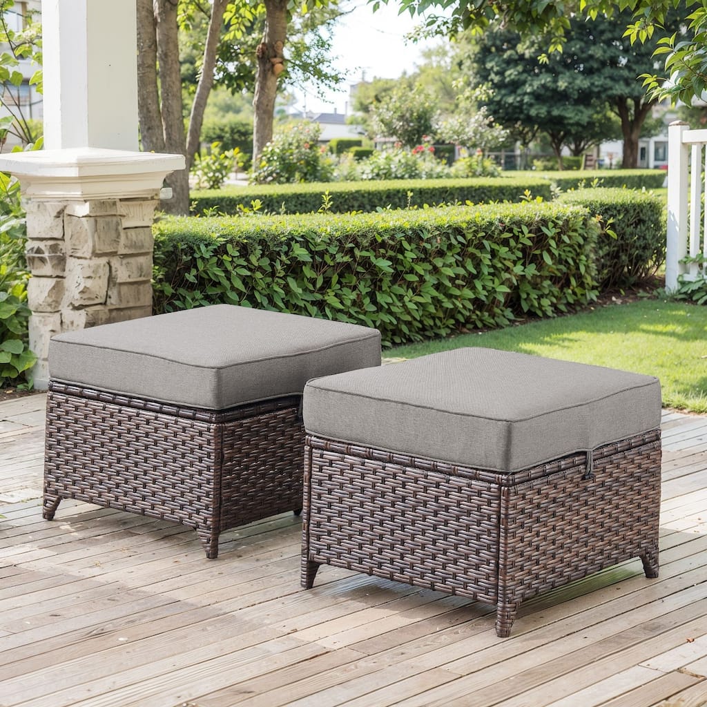 2 Pieces Patio Rattan Ottomans with cushions