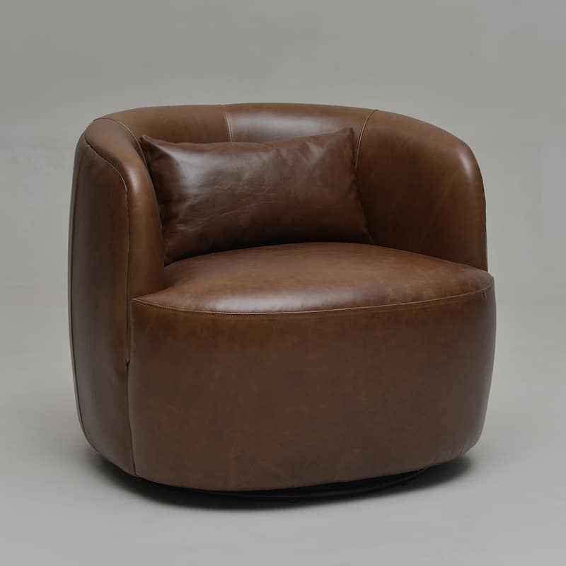 KINWELL 100% Top Grain Genuine Leather Swivel Armchair with Pillow