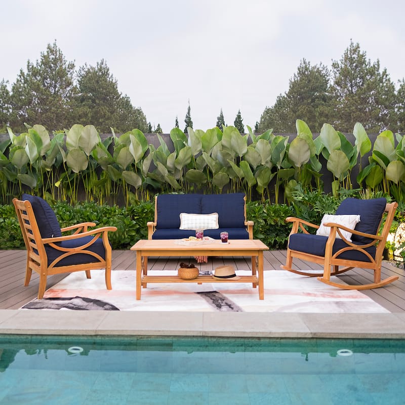 Cambridge Casual Lowell Outdoor Conversation Set of 4 - Natural Teak/Blue Cushion