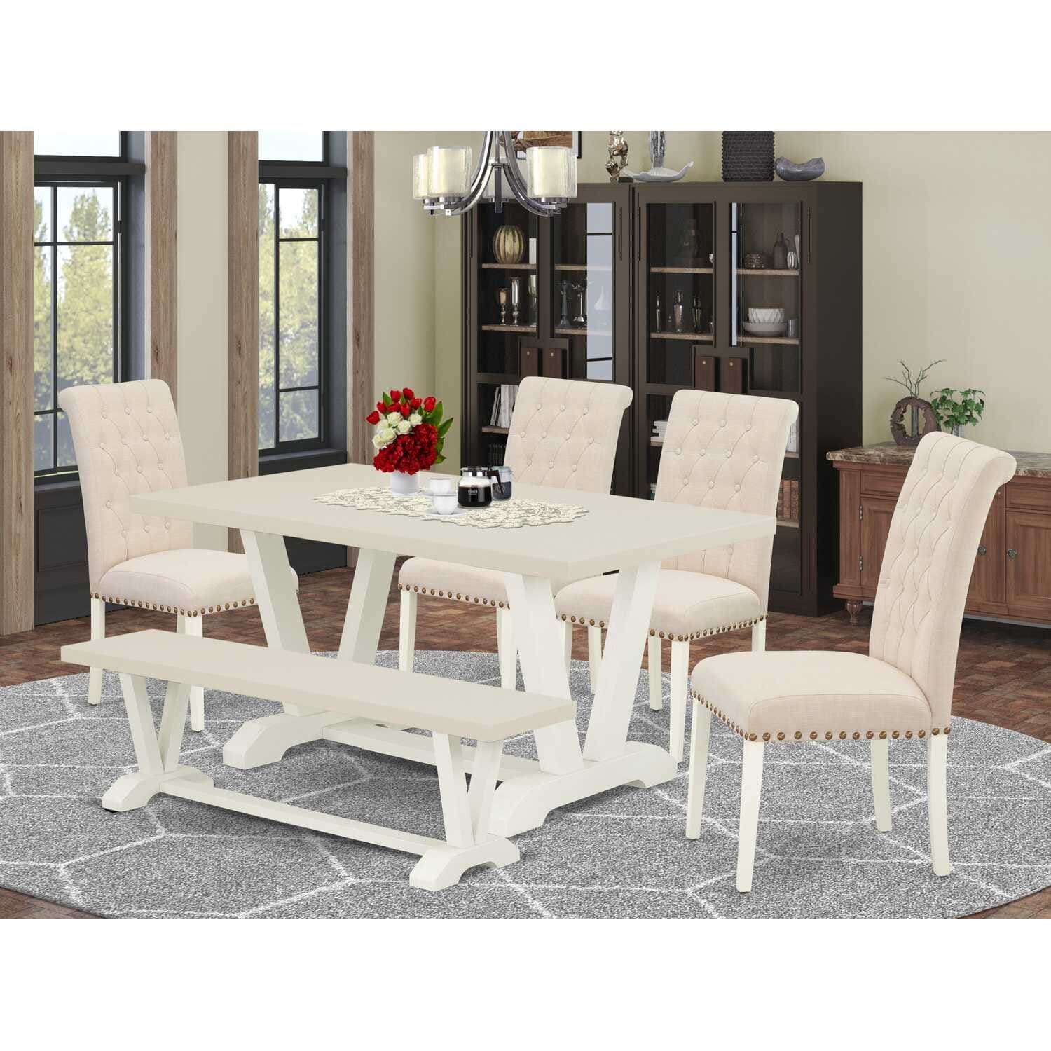 HomeStock 6-Pc Natural Oak Finish Solid Wood Top dining Table with 1-Bench and 4-Chairs